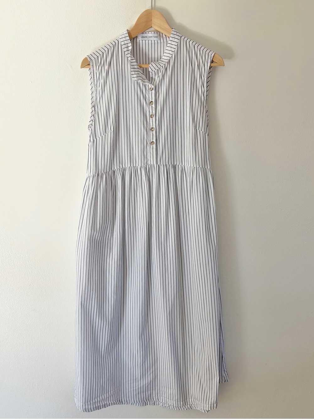 LÉGOE HERITAGE White Navy Pinstripe Cotton Sleeveless Maternity Midi Dress - Picture 2 of 12
